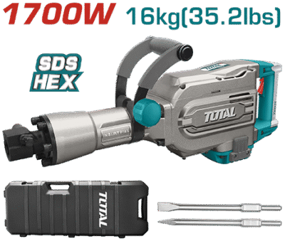 كسارة دق زيت 1700 واط 45 جول 65 - HEX جسم معدن +ازاميل (شوكة+مبسط) ضمن حقيبة بلاستيكTOTAL