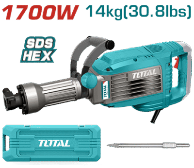 كسارة دق زيت 1700 واط 50 جول وزن 14 كغ 65 - HEX + (ازميل شوكة )ضمن حقيبة بلاستيك TOTAL حديث