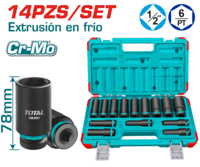 طقم فنجان 1/2 انش 14 قطعة طويلة معالجة حراريا من 10 مم الى 27مم ماركة TOTAL ضمن حقيبة بلاستيك