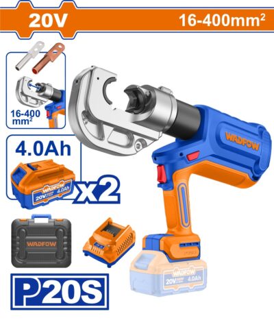 مكبس هيدروليك لكبس الصوليات كابلات 20 فولت مجال 400-16 mm2 استطاعة 120 كيلو نيوتن مع بطارية 4 امبيرعدد 2 + شاحن ضمن حقيبة بلاستيك WADFOW