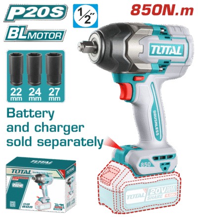 فرد شد بطارية 20 فولت 1/2 انش 850 نيوتن BL + اكسسوارات بدون بطارية و شاحن TOTAL