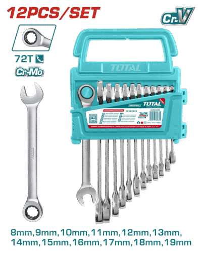 طقم مفاتيح طقطاق طرف 8-19 (( 12 قطع )) TOTAL علاقة بلاستيك 8Pcs ratchet spanner set ضمن تعليقة حديثة