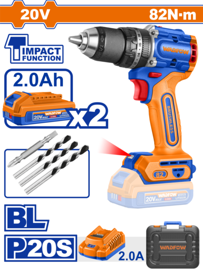 مثقب بطارية 20 فولت 82 نيوتن Brushless جوزة معدن 13 مم مع بطارية 2 امبير عدد 2 وشاحن مع حقيبة بلاستيك wadfow