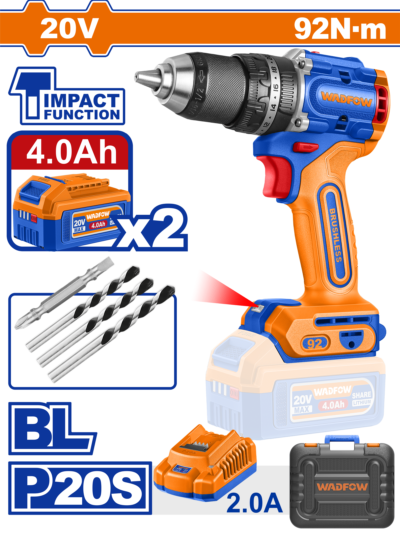 مثقب بطارية 20 فولت 92 نيوتن Brushless جوزة معدن 13 مم مع بطارية 4 امبير عدد 2 وشاحن مع حقيبة بلاستيك wadfow